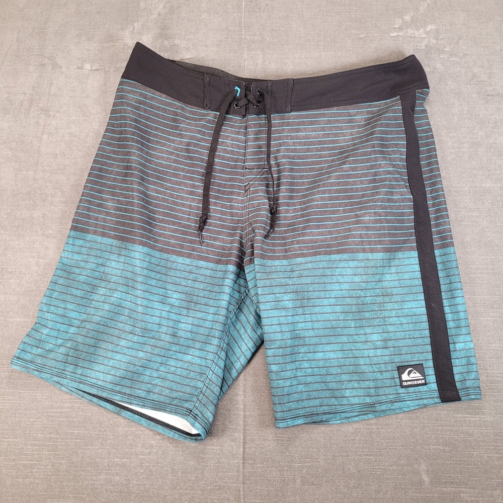 Quiksilver‎ Mens Board Shorts Swim Trunks Size 34 Blue Stripe Logo Back Pocket